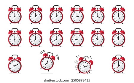 Reloj despertador rojo en el sistema de Ilustración vectorial simple del estilo plano aislado en blanco. Colección del reloj con cada posición de la flecha de la hora, roto, reloj que suena y otros.