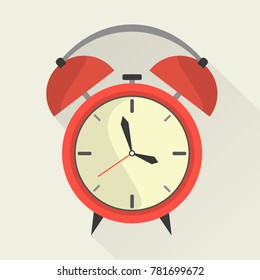 Red alarm clock in flat style. Retro icon with long shadow. Clock silhouette. Wake-up time. Vector illustration.