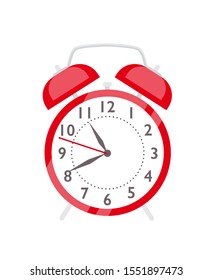 Red Alarm Clock Flat Vector Illustration. Retro Style Clock For Waking Up. Cartoon Vintage Timepiece With White Clockface And Bells. Irritating Morning Wakeup Reminder Device Isolated On White.