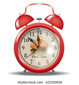Red alarm clock. Food Time. Vector illustration