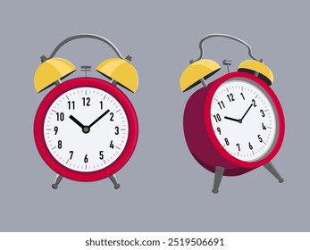 Relógio despertador vermelho - vista frontal e lateral. Ilustração vetorial