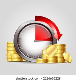 Reloj rojo de alarma y monedas de oro en un estilo realista. El tiempo es metáfora del dinero. Concepto de inversión monetaria, préstamos, ingresos y ahorros financieros, dinero rápido. Ilustración del vector