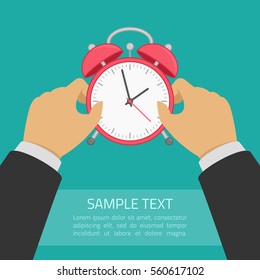 Red alarm clock in hand. Wake up poster with place for text. Planning and time control concept. Vector illustration in modern flat style. EPS10.