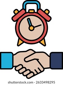 A red alarm clock with the hands on the number 3 and 9. The clock is surrounded by two hands that are shaking hands. Concept of time and the importance of making the most of it