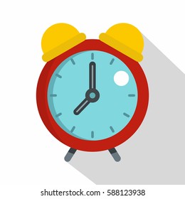Red alarm clock icon. Flat illustration of red alarm clock vector icon for web isolated on white background