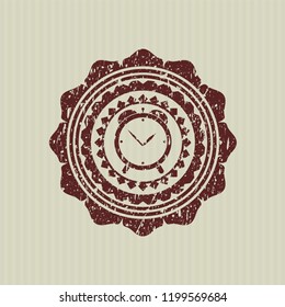 Red alarm clock icon inside distress rubber grunge seal