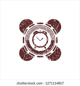 Red alarm clock icon inside distressed rubber grunge texture seal