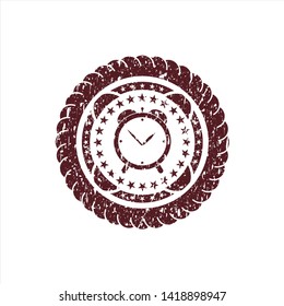 Red alarm clock icon inside rubber grunge texture stamp