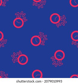 Red Alarm clock icon isolated seamless pattern on blue background. Wake up, get up concept. Time sign.  Vector