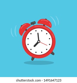 Red alarm clock isolated on blue background. Vector illustration in flat style.