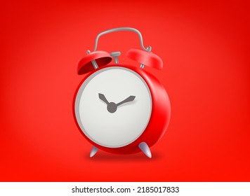 Red alarm clock on red background. 3d vector illustration