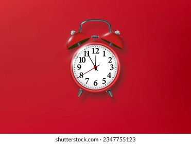 Red alarm clock on red background. Vector metal vintage ringing alarm clock on bright red background. Modern design 3d rendering. Vector illustration