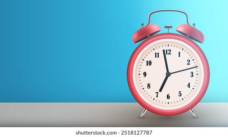 Reloj despertador rojo sobre fondo azul con color de estilo retro. Ilustración vectorial