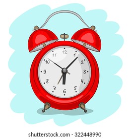 Red alarm clock on blue background. Symbol of time. Stylized sketch by hand