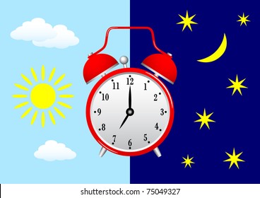 Red alarm clock on blue sky