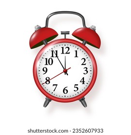 Reloj rojo de alarma sobre fondo blanco. Reloj de alarma de sonido vintage de vectores metálicos sobre fondo blanco brillante. Diseño moderno 3d de renderización. Ilustración del vector