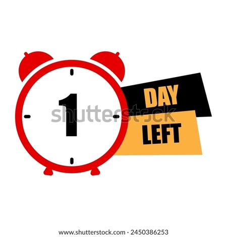 Red alarm clock. One day left reminder. Time countdown concept. Urgency symbol. Vector illustration. EPS 10.