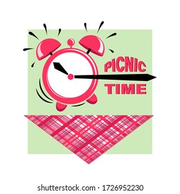 Reloj despertador rojo. Hora de picnic. Emblema. Picnic en el parque. Hora de barbacoa. Ilustración vectorial aislada en un fondo verde. Afiche, banner o impresión o diseño web y móvil.