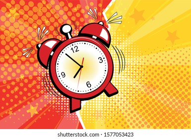 Red Alarm Clock In Pop Art Style . Vector Halftone Retro Comic Texture. Yellow Background Superhero. Lightning Blast Halftone Dots.