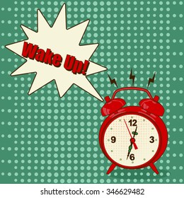 Red alarm clock in pop art style on green background