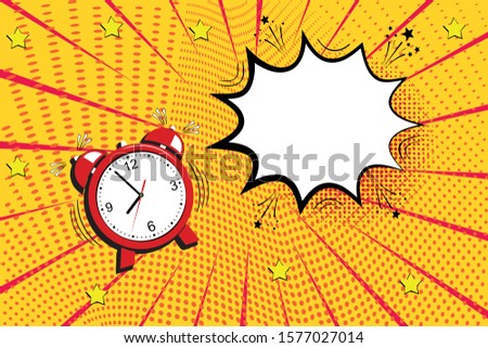 Red alarm clock in pop art style . Vector halftone retro comic texture. Yellow background superhero. Lightning blast halftone dots.