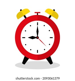 Reloj rojo de alarma con estilo retro sobre fondo blanco. Elemento de diseño para sitios web y aplicaciones móviles. Diseño plano. Ilustración vectorial.