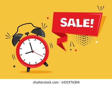 Red alarm clock with ribbon banner with inscription SALE on yellow background. Vector illustration.