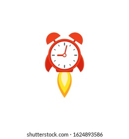 red alarm clock rocket ship with fire. time, watch, limited offer, deadline symbol. Vector illustration on white. Time to work. Countdown shuttle