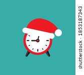 red alarm clock with Santa Hat. Flat icon isolated on blue background. Fast time stop watch, limited offer, deadline. Vector illustration. Holidays schedule. Christmas sales, New Year countdown.
