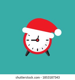 red alarm clock with Santa Hat. Flat icon isolated on blue background. Fast time stop watch, limited offer, deadline. Vector illustration. Holidays schedule. Christmas sales, New Year countdown.