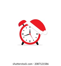 red alarm clock with Santa Hat. Flat icon isolated on white background. Fast time stop watch, limited offer, deadline. Vector illustration. Holidays schedule. Christmas sales, New Year countdown.