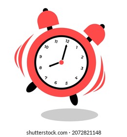 Red alarm clock showing eight o'clock, isolated on white background. Flat design. Vector illustration.