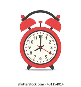 Red alarm clock showing eight o'clock, isolated on white background. Flat design. Vector illustration. EPS 8, no transparency