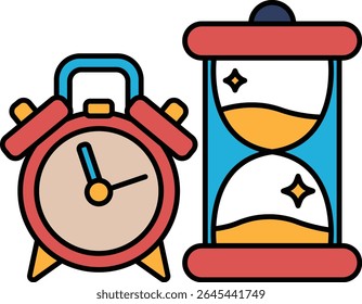 Um despertador vermelho fica ao lado de uma ampulheta azul. O relógio mostra a hora como 10:30