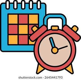 Um despertador vermelho fica ao lado de um calendário. O relógio está definido para a hora de 9:00