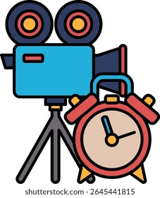 Um despertador vermelho fica ao lado de uma câmera e de um tripé. O relógio está definido para a hora das 10:00
