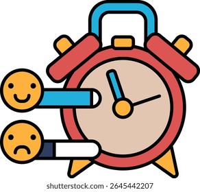 A red alarm clock with two smiling faces on the left and a frowning face on the right