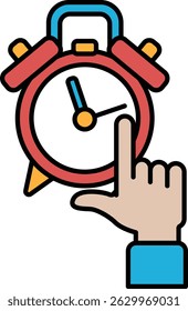 A red alarm clock with a white face and a blue hour hand. A hand is pointing to the number 3
