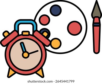 Um despertador vermelho com um rosto branco e uma correia azul fica sobre um fundo branco. Um pincel está ao lado do relógio