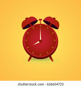 Red Alarm Clock working time 8 o clock on yellow background