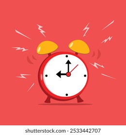 Reloj despertador rojo con campanas amarillas que suenan sobre fondo rojo, ilustración plana.