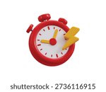 Red alarm clock with a yellow thunder bolt icon 3d render concept of modern clock with pointing to the right icon vector illustration