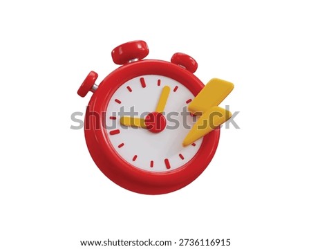 Red alarm clock with a yellow thunder bolt icon 3d render concept of modern clock with pointing to the right icon vector illustration