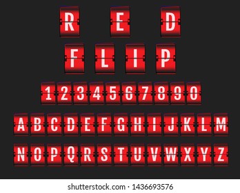 Red alarm flip countdown digital calendar clock numbers and letters. Vector alphabet, font, airport board arrival symbols.