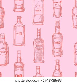 Red alcohol bottles seamless pattern. Vector hand drawn sketch illustration. Drinks doodle pink background. Design for bar menu, packaging, fabric, fashion textile print, wrapping paper