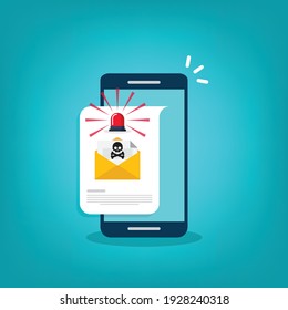 Red Alert Flasher And Email, Envelope With Black Document And Skull Icon Notification On A Smart Phone. Virus, Malware, Email Fraud, E-mail Spam, Phishing Scam, Hacker Attack Concept. Vector 