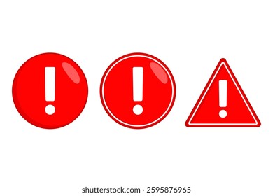 Red alert risk warning, attention, danger caution icon set,  in circle and triangle shapes. Simple design, white background, for alerts, warnings, conveying urgency, safety notice sign and caution