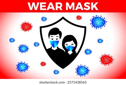 Red alert Virus pandemic Wear a face mask sign symbol vector icon do not enter without mask. Protect yourself from hmpv virus.COVID-19 notice. Warning sign to protect from spread out virus diseases