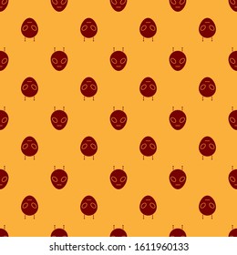 Red Alien icon isolated seamless pattern on brown background. Extraterrestrial alien face or head symbol.  Vector Illustration