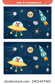 Red alien on flying saucer in space. Find 5 differences. Space game for kids. Isolated vector illustration eps 10